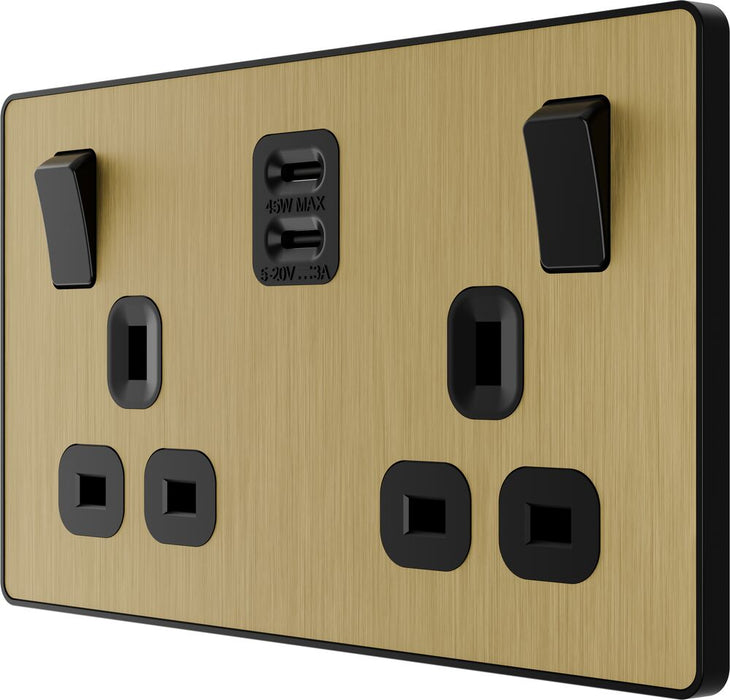 BG Evolve PCDSB22UCC45B 13A Double Switched Power Socket + 2xUSB-C (45W) - Satin Brass (Black)