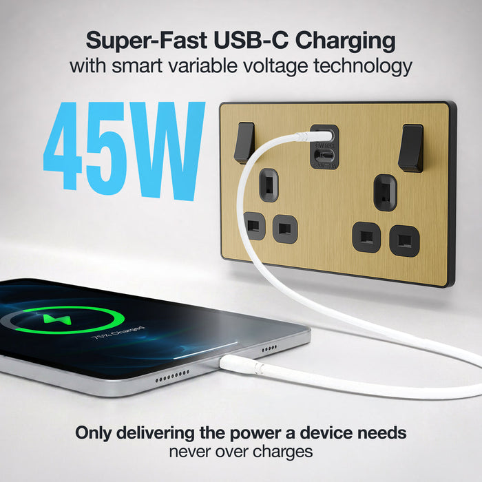 BG Evolve PCDSB22UCC45B 13A Double Switched Power Socket + 2xUSB-C (45W) - Satin Brass (Black)