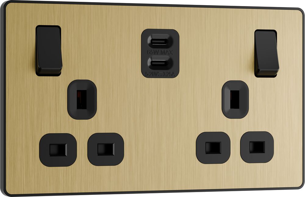 BG Evolve PCDSB22UCC65B 13A Double Switched Power Socket + 2xUSB-C (65W) - Satin Brass (Black)
