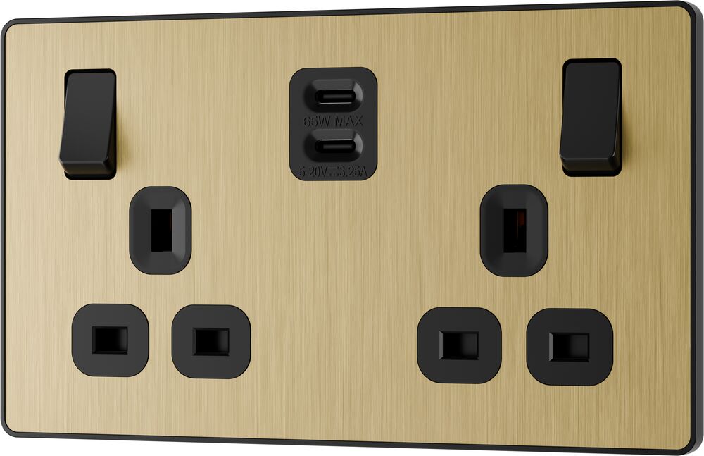 BG Evolve PCDSB22UCC65B 13A Double Switched Power Socket + 2xUSB-C (65W) - Satin Brass (Black)