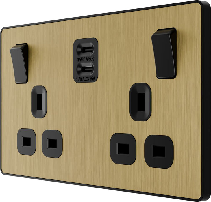BG Evolve PCDSB22UCC65B 13A Double Switched Power Socket + 2xUSB-C (65W) - Satin Brass (Black)