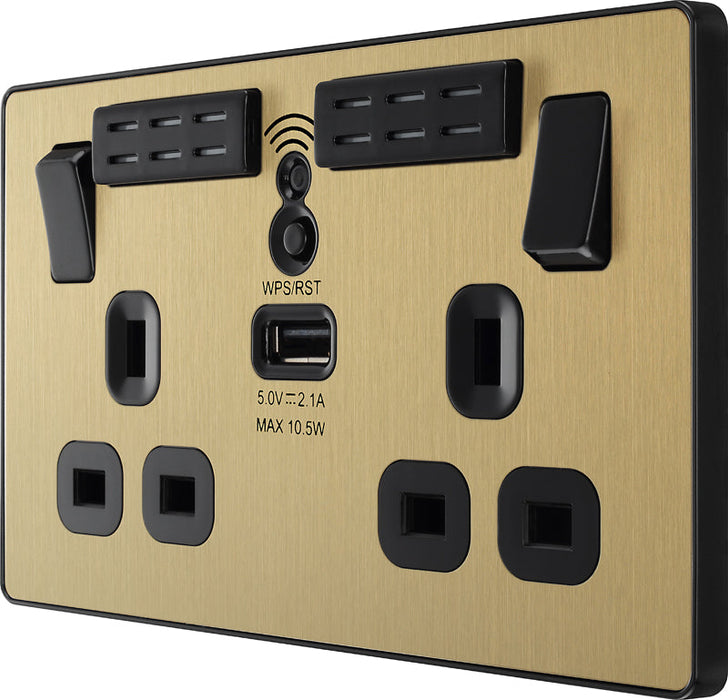 BG Evolve PCDSB22UWRB 13A Double Switched Power Socket + WiFi Extender + 1xUSB(2.1A) - Satin Brass (Black) - westbasedirect.com