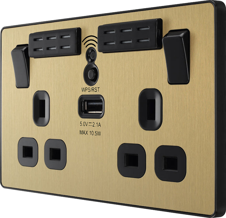 BG Evolve PCDSB22UWRB 13A Double Switched Power Socket + WiFi Extender + 1xUSB(2.1A) - Satin Brass (Black) - westbasedirect.com