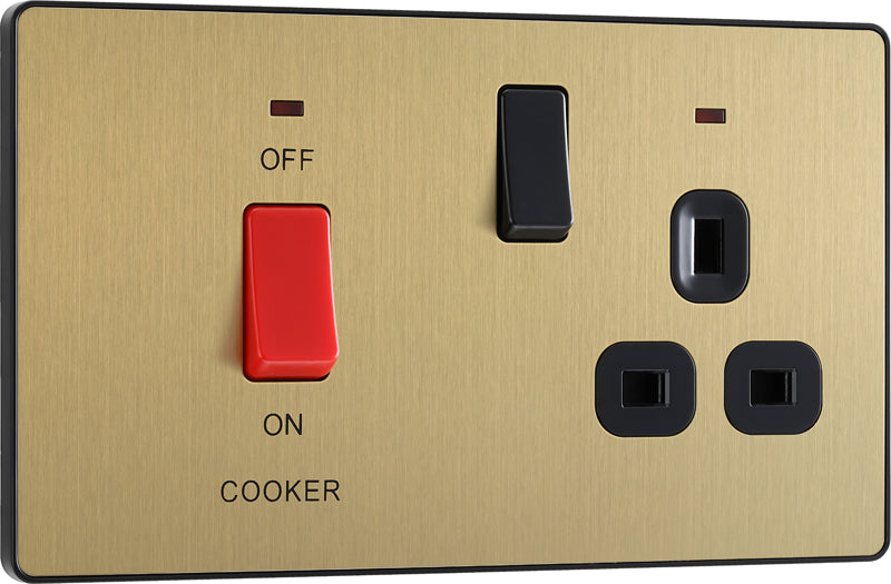 BG Evolve PCDSB70B 45A Cooker Control Socket, Double Pole Switch with LED Power Indicator - Satin Brass (Black) - westbasedirect.com