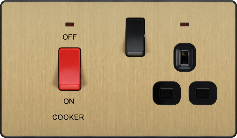 BG Evolve PCDSB70B 45A Cooker Control Socket, Double Pole Switch with LED Power Indicator - Satin Brass (Black) - westbasedirect.com