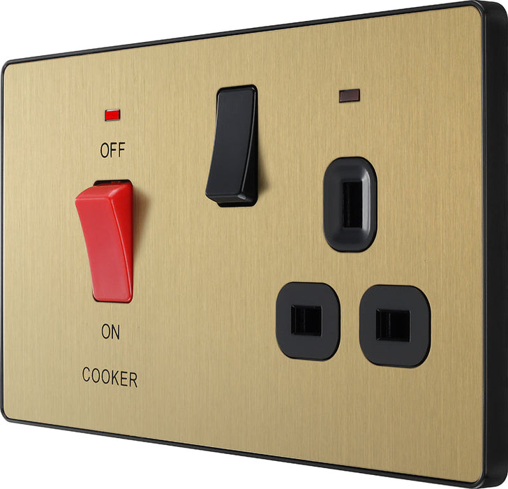 BG Evolve PCDSB70B 45A Cooker Control Socket, Double Pole Switch with LED Power Indicator - Satin Brass (Black) - westbasedirect.com