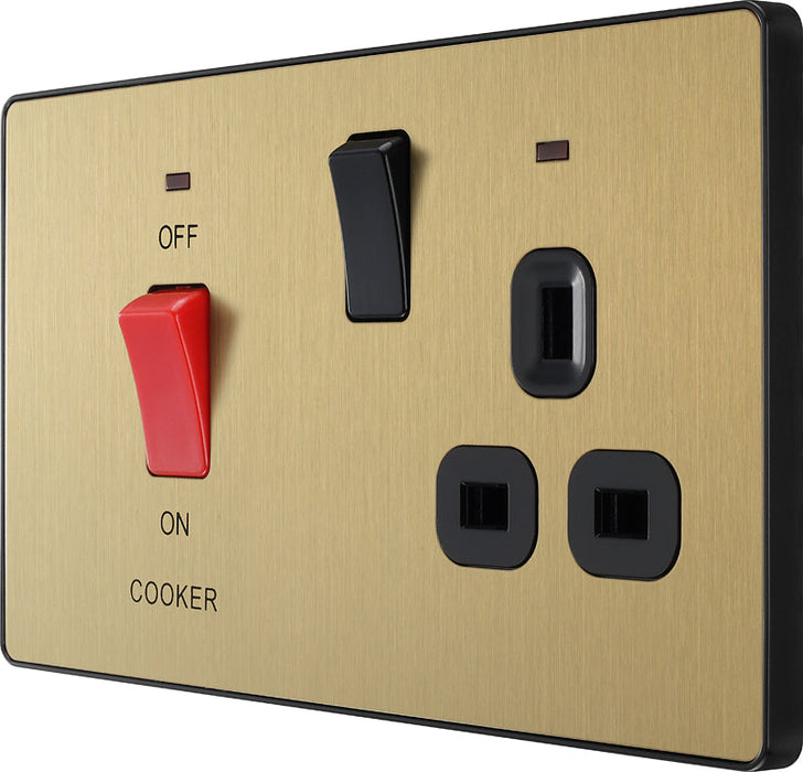 BG Evolve PCDSB70B 45A Cooker Control Socket, Double Pole Switch with LED Power Indicator - Satin Brass (Black) - westbasedirect.com