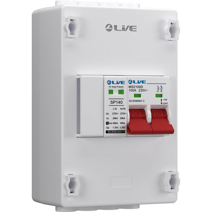 LIVE Electrical PEN2100D-SP 4 Way IP20 Plastic Enclosure with 100A DP Main Switch (Double Terminal) & 20/40kA DP SPD
