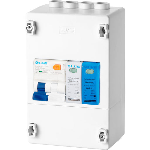 LIVE Electrical PEN4-SNR 4 Way IP20 Plastic EV Charging Unit with 40A Type A DP RCBO C Curve & 20/40kA 1P+N Surge Protective Device - westbasedirect.com