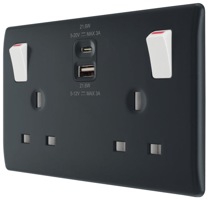 BG Part M PM22UAC22 13A Double Switched Power Socket + USB A+C (22W) - westbasedirect.com