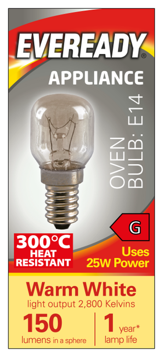 Eveready S1022 E14 SES 300° Heat Resistant Oven Incandescent Bulb 25W 150lm Warm White 2800K