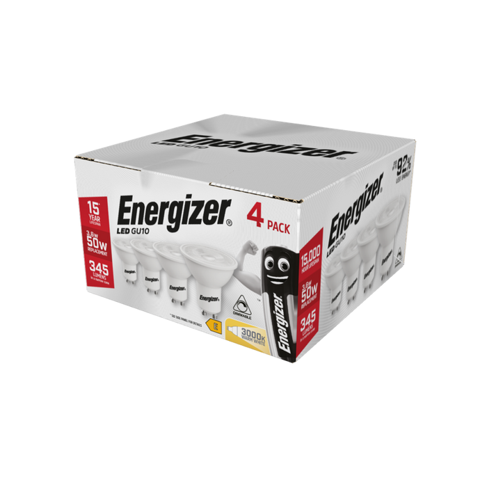 Energizer 4.6W 375lm GU10 LED Bulb Warm White 3000K Dimmable (4 Pack) - westbasedirect.com