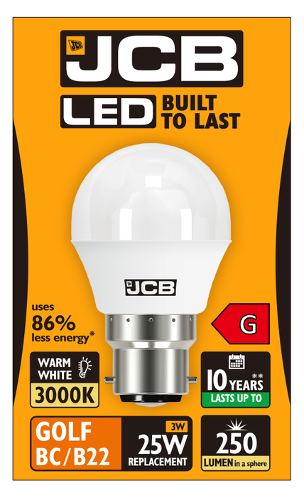 JCB S10967 B22 BC Golf LED Bulb Opal 3W 250lm Warm White 3000K