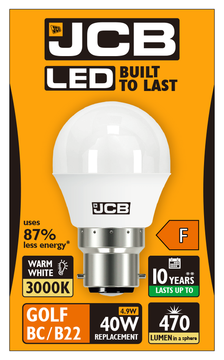 JCB S10969 B22 BC Golf LED Bulb Opal 4.9W 470lm Warm White 3000K