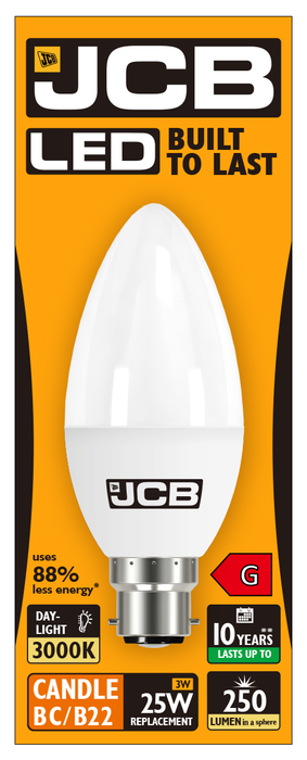 JCB S10976 B22 BC Candle LED Bulb Opal 3W 250lm Warm White 3000K (12 Pack)