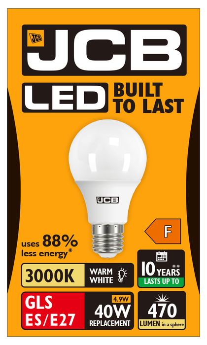 JCB S10986 E27 ES GLS LED Bulb Opal 4.9W 470lm Warm White 3000K (12 Pack)