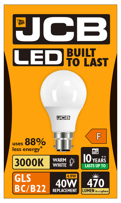 JCB S10987 B22 BC GLS LED Bulb Opal 4.9W 470lm Warm White 3000K