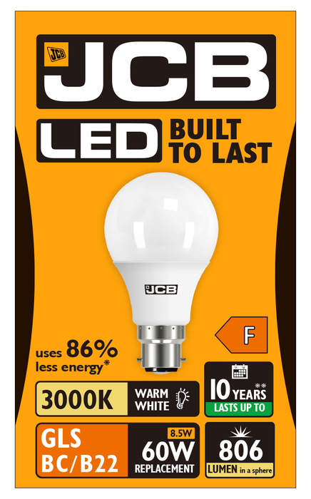 JCB S10989 B22 BC GLS LED Bulb Opal 8.5W 806lm Warm White 3000K (12 Pack)