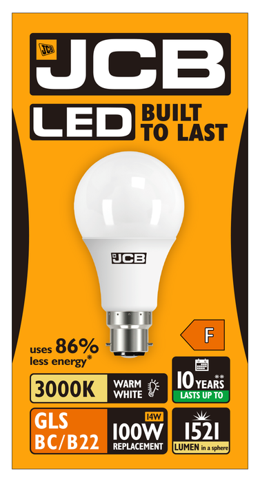 JCB S10995 B22 BC GLS LED Bulb Opal 14W 1521lm Warm White 3000K