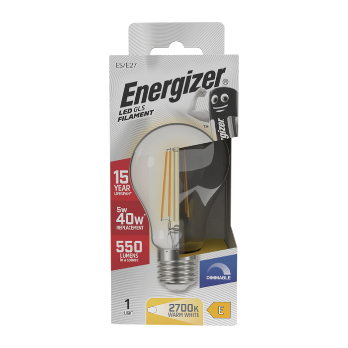 Energizer S12850 5W 550lm E27 ES GLS Filament LED Bulb Warm White 2700K Dimmable - westbasedirect.com