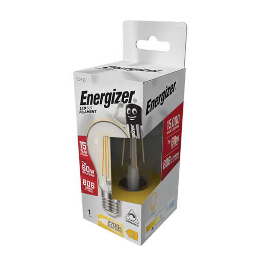 Energizer S12852 7W 806lm E27 ES GLS Filament LED Bulb Warm White 2700K Dimmable - westbasedirect.com