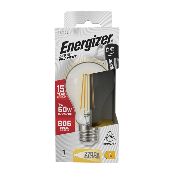 Energizer S12852 7W 806lm E27 ES GLS Filament LED Bulb Warm White 2700K Dimmable - westbasedirect.com