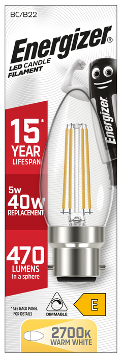 Energizer 4.8W 470lm B22 BC Candle Filament LED Bulb Warm White 2700K Dimmable - westbasedirect.com