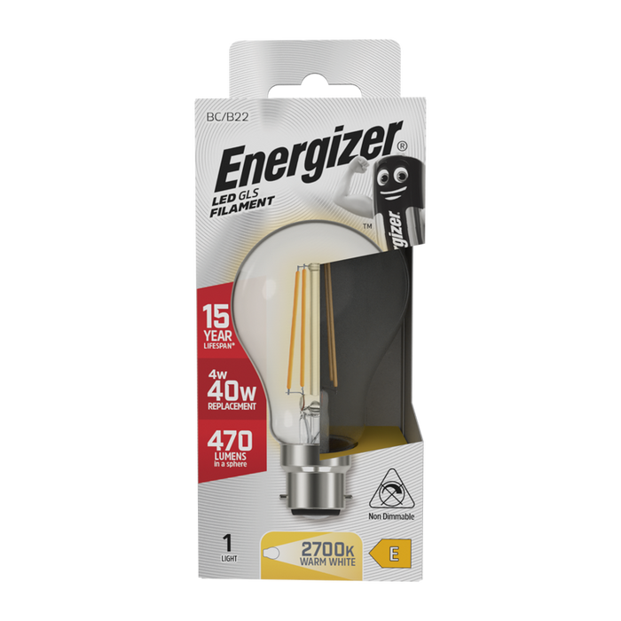 Energizer S12862 4W 470lm B22 BC GLS Filament LED Bulb Warm White 2700K - westbasedirect.com