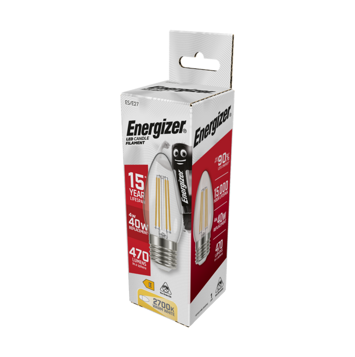 Energizer 4W 470lm E27 ES Candle Filament LED Bulb Warm White 2700K - westbasedirect.com