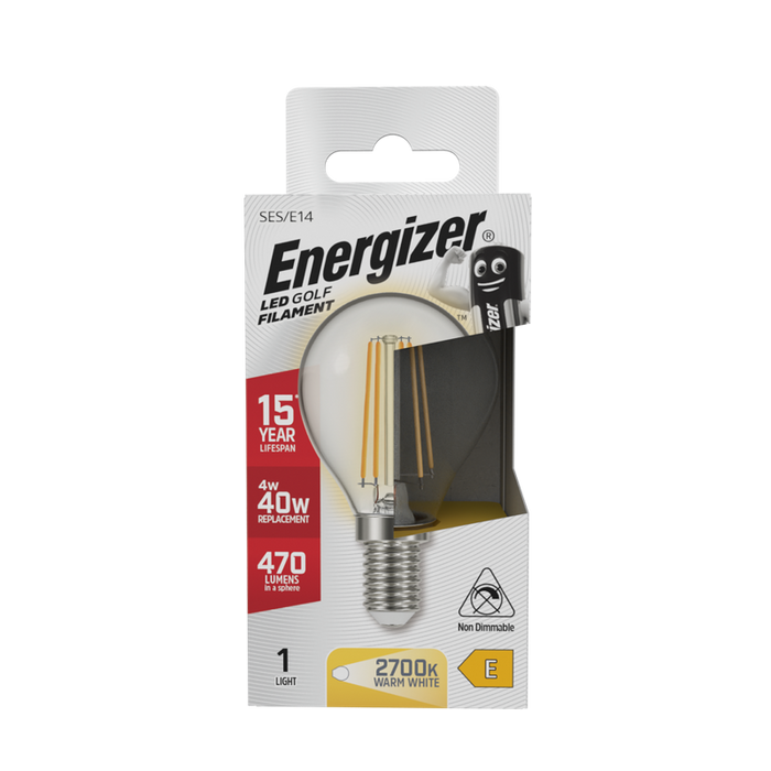 Energizer S12872 4W 470lm E14 SES Golf Filament LED Bulb Warm White 2700K - westbasedirect.com
