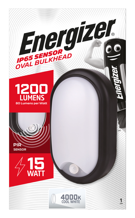 Energizer S12972 15W IP54 Polycarbonate Oval LED Bulkhead with PIR Sensor 4000K - westbasedirect.com