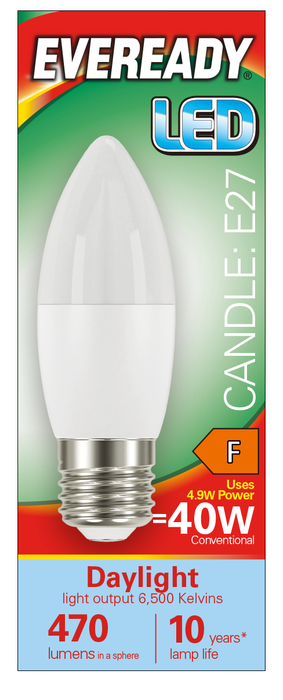 Eveready S13615 E27 ES Candle LED Bulb Opal 4.9W 470lm Daylight 6500K - westbasedirect.com