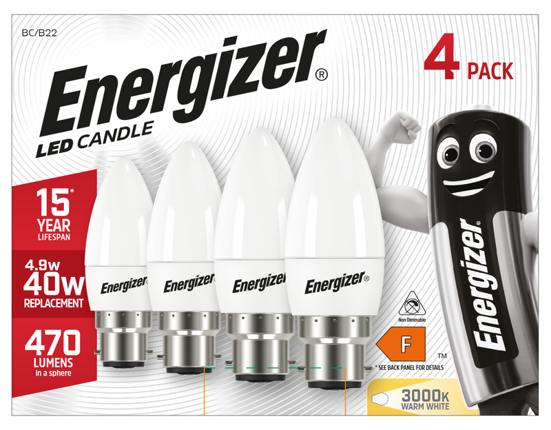 Energizer 5.2W 470lm B22 BC Candle LED Bulb Opal Warm White 3000K (4 Pack) - westbasedirect.com