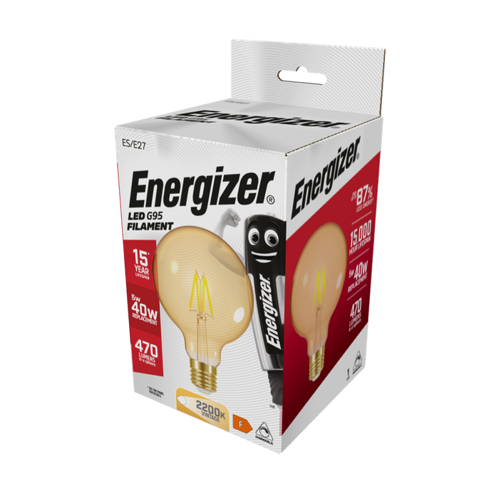 Energizer 5W 470lm E27 ES G95 Filament Gold LED Bulb Warm White 2200K Dimmable - westbasedirect.com