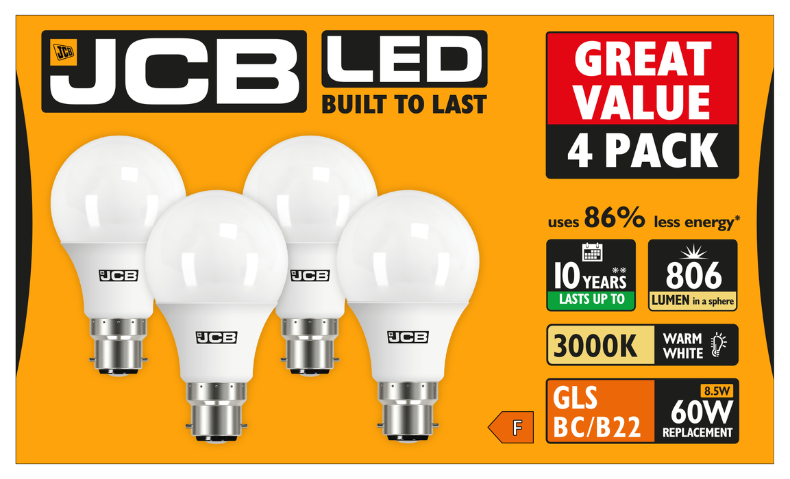 JCB S15143 B22 BC GLS LED Bulb Opal 8.5W 806lm Warm White 3000K (12 Pack)