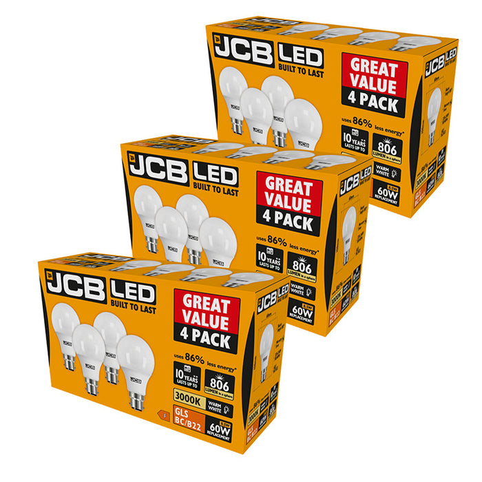 JCB S15143 B22 BC GLS LED Bulb Opal 8.5W 806lm Warm White 3000K (12 Pack)