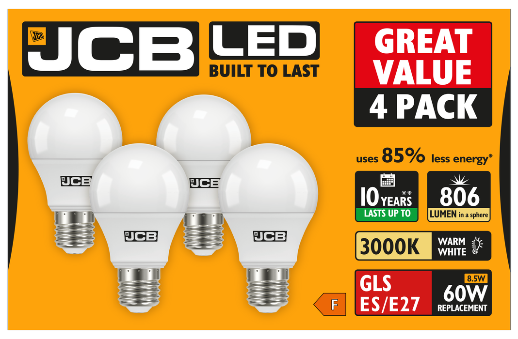 JCB S15144 E27 ES GLS LED Bulb Opal 8.5W 806lm Warm White 3000K (12 Pack)