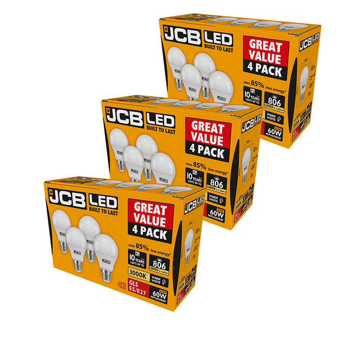 JCB S15144 E27 ES GLS LED Bulb Opal 8.5W 806lm Warm White 3000K (12 Pack)