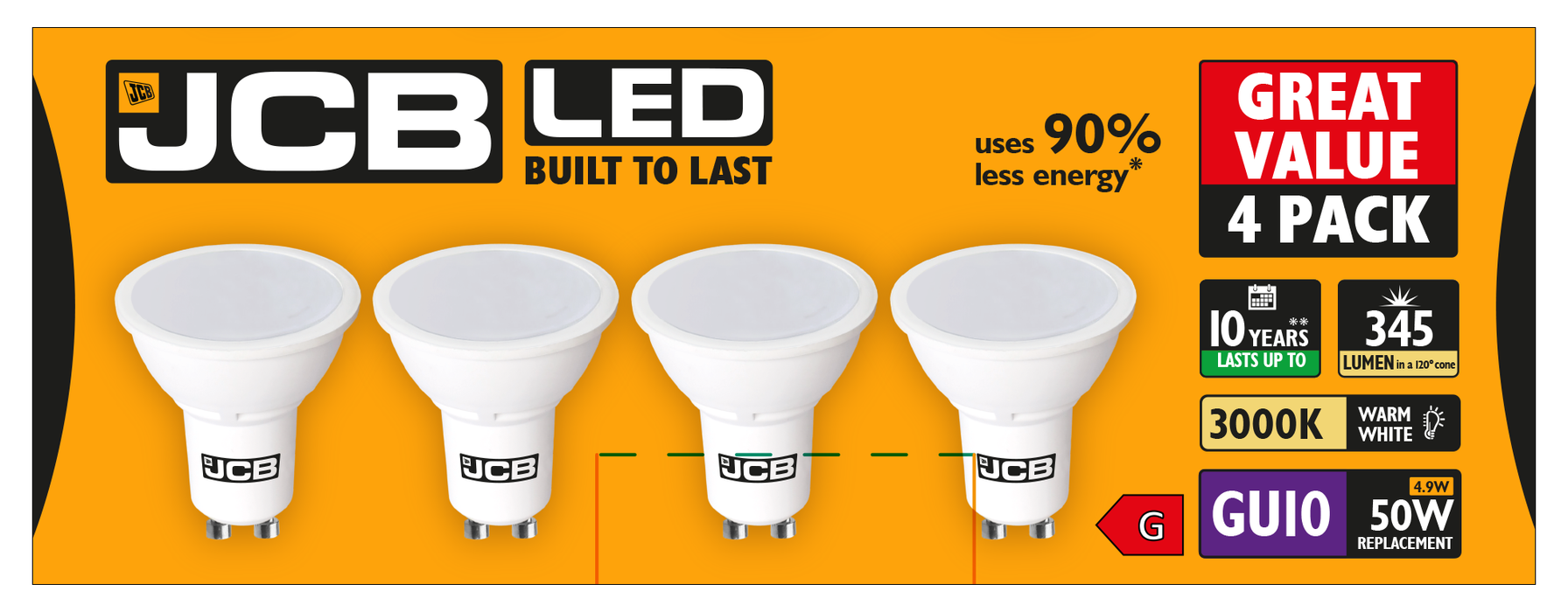 JCB S15147 GU10 Spot LED Bulb 4.9W 345lm Warm White 3000K (4 Pack)