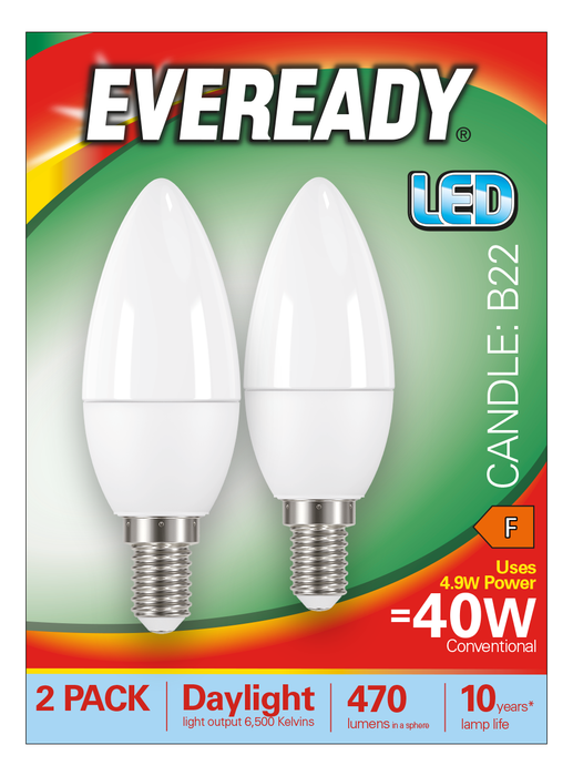 Eveready S15300 E14 SES Candle LED Bulb Opal 4.9W 470lm Daylight 6500K (2 Pack) - westbasedirect.com