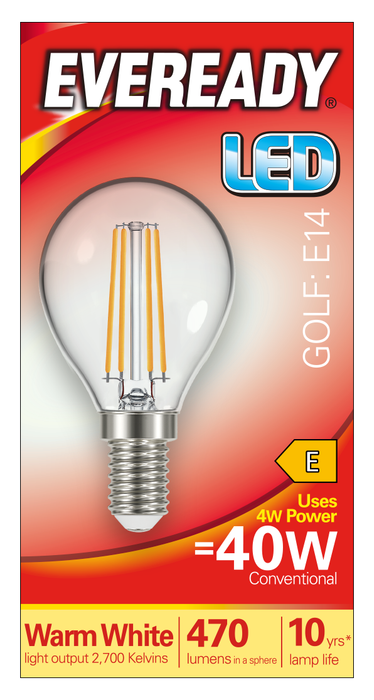 Eveready S15482 E14 SES Golf Filament Clear LED Bulb 4W 470lm Warm White 2700K - westbasedirect.com