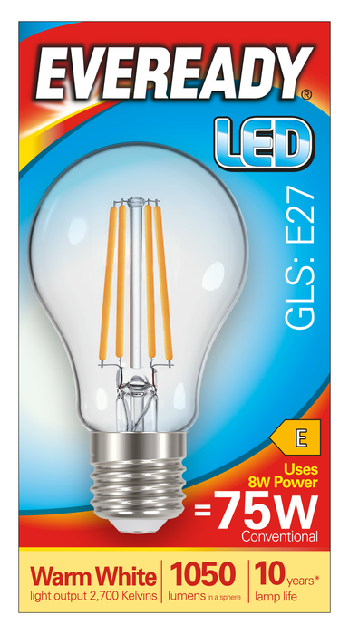 Eveready S15488 E27 ES GLS Filament Clear LED Bulb 8W 1050lm Warm White 2700K - westbasedirect.com