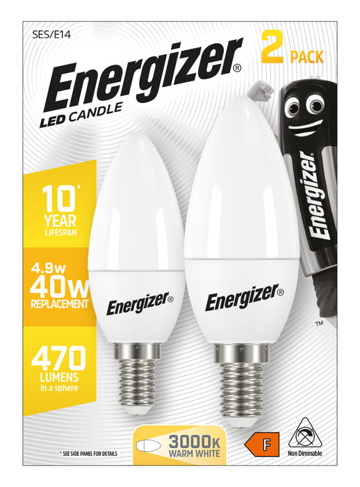 Energizer S16706 4.9W 470lm E14 SES Candle LED Bulb Opal Warm White 3000K Boxed (2 Pack)