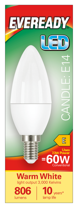 Eveready S17377 E14 SES Candle LED Bulb Opal 7.3W 806lm Warm White 3000K (5 Pack) - westbasedirect.com