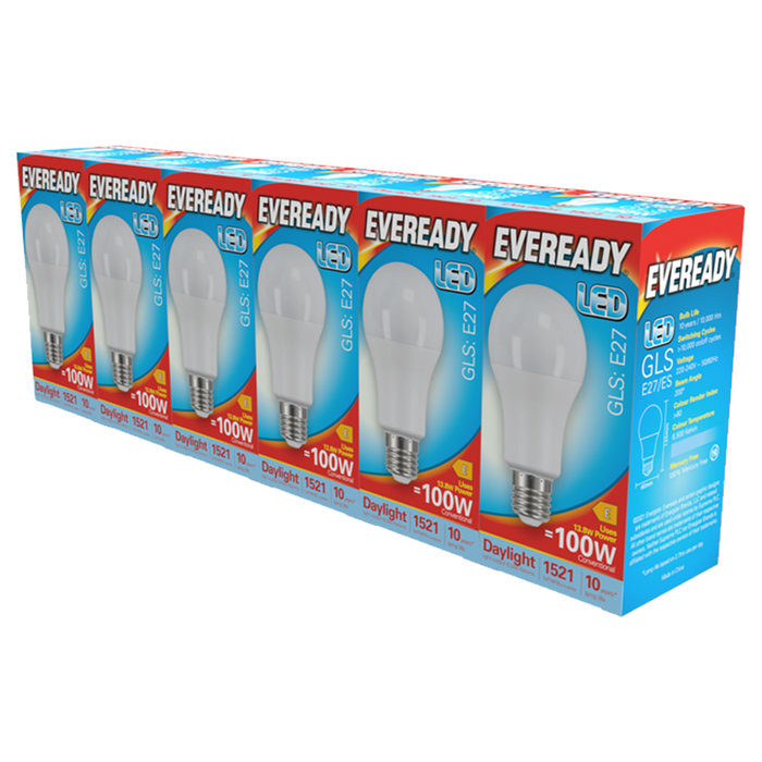 Eveready S29504 E27 ES GLS LED Bulb Opal 13.8W 1521lm Daylight 6500K (5+1 Pack)