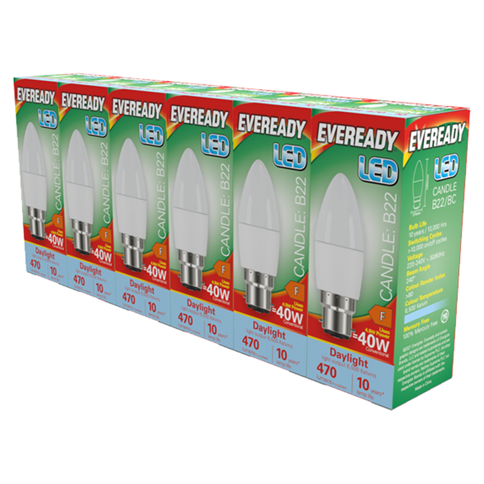 Eveready S29506 B22 BC Candle LED Bulb Opal 4.9W 470lm Daylight 6500K (5+1 Pack) - westbasedirect.com