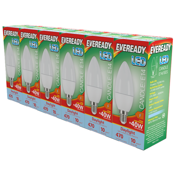 Eveready S29508 E14 SES Candle LED Bulb Opal 4.9W 470lm Daylight 6500K (5+1 Pack)