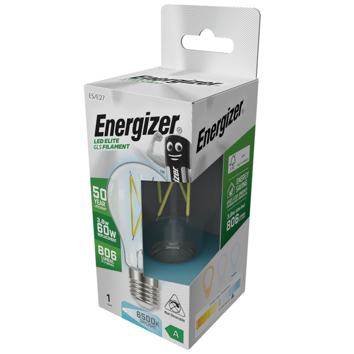 Energizer S29629 A Rated LED Elite GLS E27 Filament 806lm 3.8W 6500K (Daylight)(12 Pack)