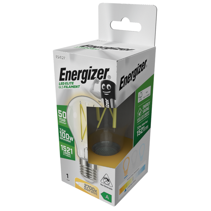 Energizer S29632 A Rated LED Elite GLS E27 Filament 1521lm 7.2W 2700K (Warm White)(12 Pack)