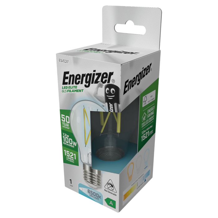 Energizer S29633 A Rated LED Elite GLS E27 Filament 1521lm 7.2W 6500K (Daylight)(12 Pack)